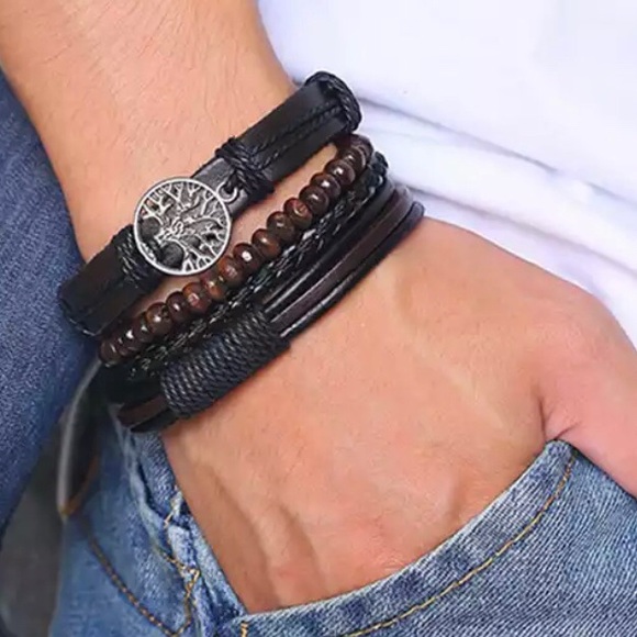 Boho Leather Bracelets 4 Piece Tree of Life Black and Brown OS NEW - Picture 2 of 6